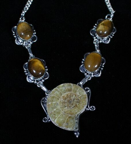 Fossil Ammonite Necklace With Tigerseye #3371